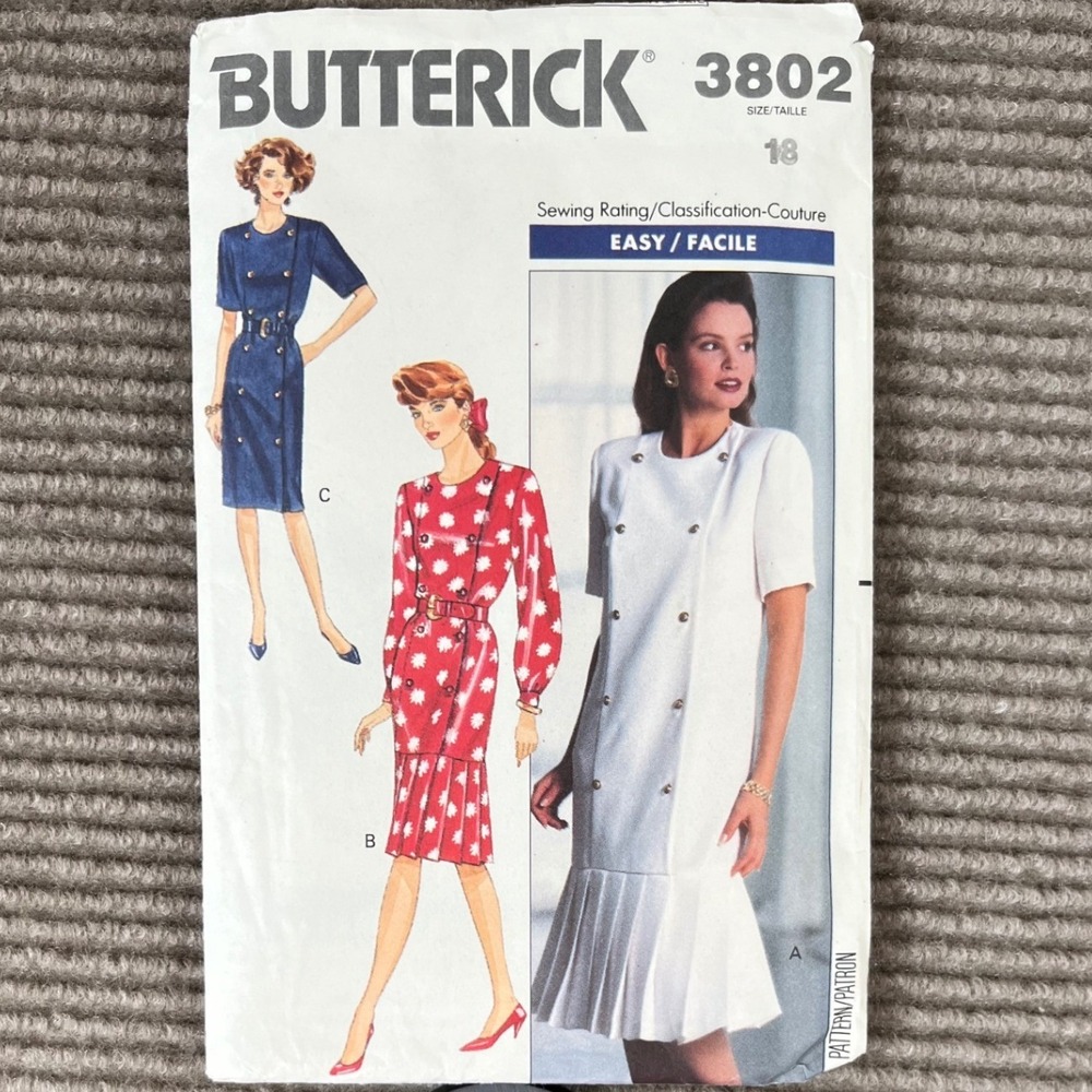 Butterick 3802 Vintage 1989 Dress Sewing Pattern Size 18 Double Breasted Pleated